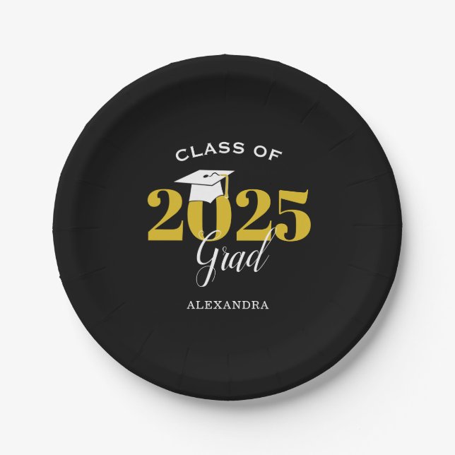 Assiettes En Carton Classe de 2025 Grad Simple Noir et Or (Devant)