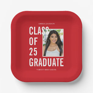 Assiettes En Carton Classe De 2025 Red & White Photo Graduation Party