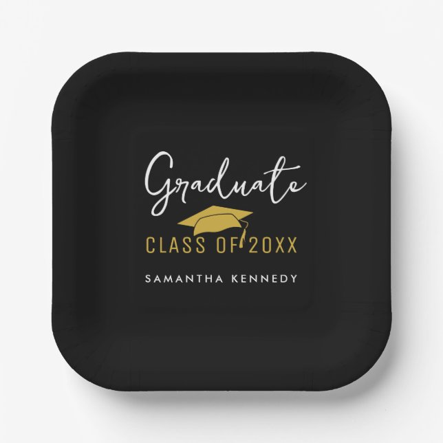 Assiettes En Carton Classe moderne Black & Gold de 2025 Graduation Cap (Recto)