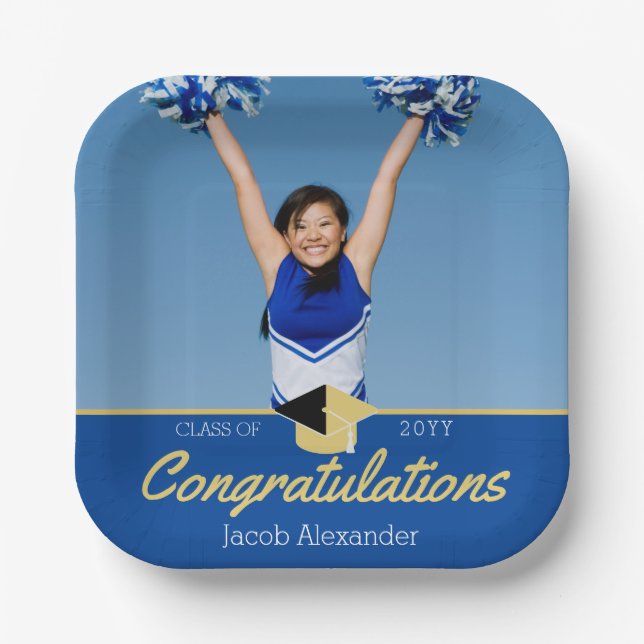 Assiettes En Carton Classe personnalisée Photo Bleu Graduation (Recto)