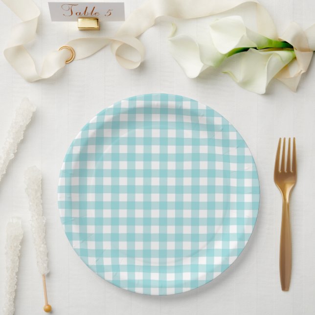 Assiettes En Carton Classic En vichy Vérifier Plaid Motif Bleu clair (Mariage)