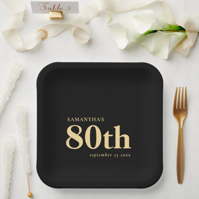 Assiettes En Carton Classic Gold Black Custom Text 80e Nom Date (Mariage)