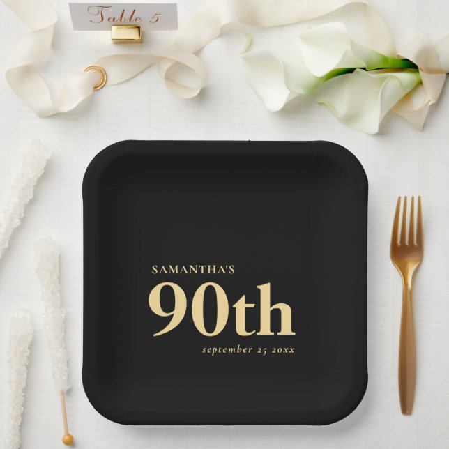 Assiettes En Carton Classy Custom Gold Black Text 90e Nom Date (Mariage)