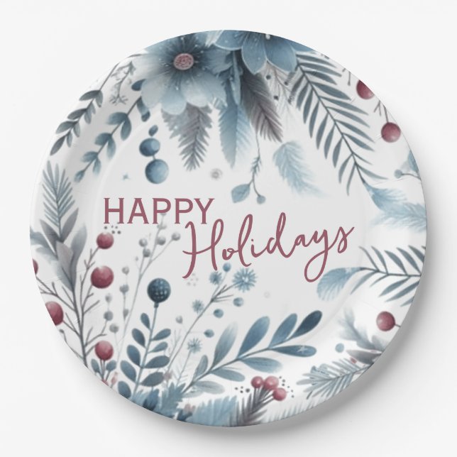 Assiettes En Carton Classy Dark Teal Blue Red Floral Holiday Wreath (Devant)