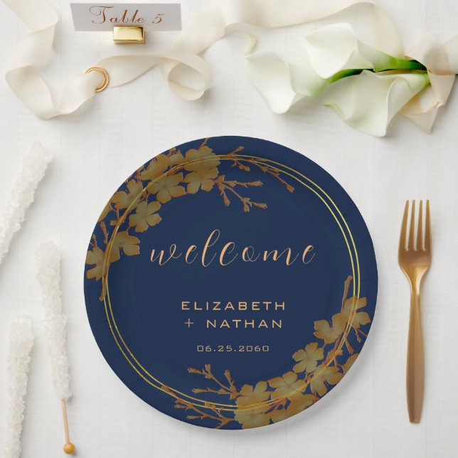 Assiettes En Carton Classy Gold Floral Navy Blue Welcome (Mariage)