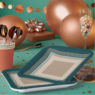 Assiettes En Carton Clé grecque - Meander - Taupe et vert