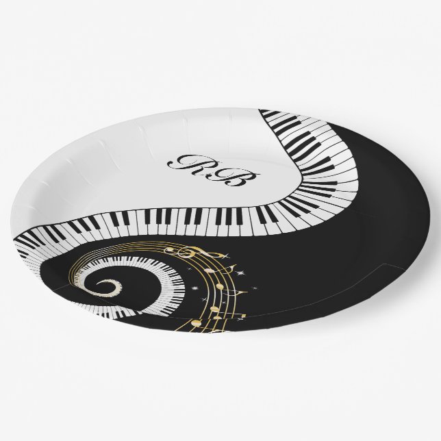 Assiettes En Carton Clés de piano de monogramme et notes musicales (Angle)