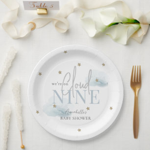 Assiettes En Carton Cloud 9 Blue Clouds & Gold Stars Baby shower garço