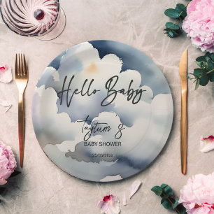 Assiettes En Carton Cloud bonjour bébé baby shower gris nuages modèle