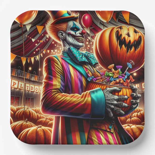 Assiettes En Carton Clown effrayant avec Jack O' Lantern Halloween (Recto)