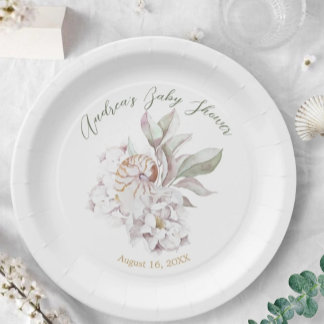 Assiettes En Carton Coastal Watercolor Shells and Floral Baby Shower