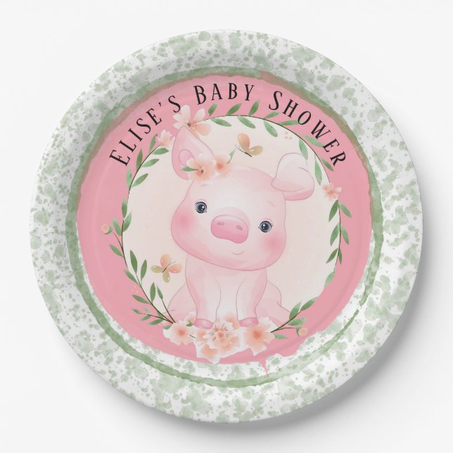 Assiettes En Carton Cochon rose de mignon fille Baby shower personnali (Devant)