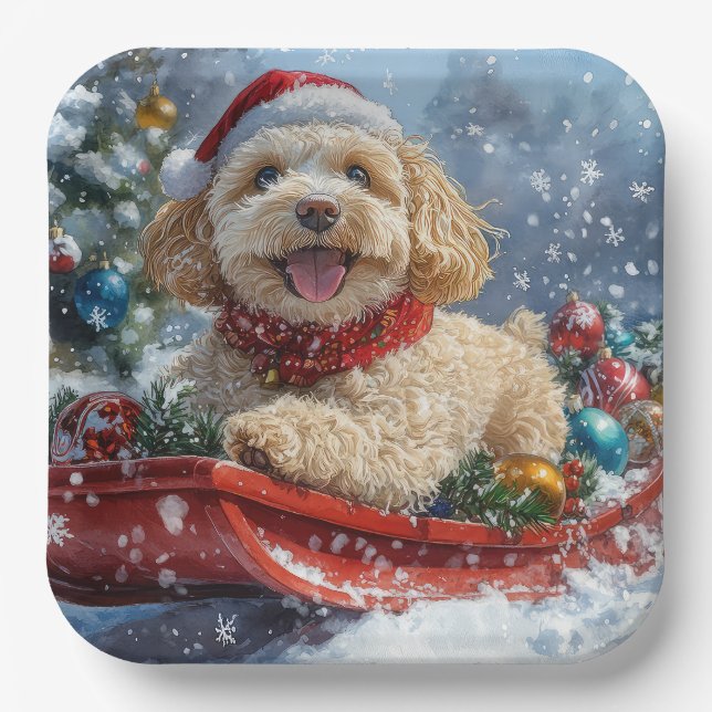 Assiettes En Carton Cockapoo Dog in Sledge Let it Neige Christmas (Recto)