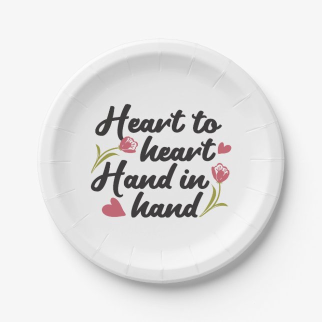 Assiettes En Carton Coeur à coeur, main à main - Citation romantique (Devant)