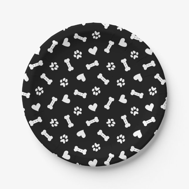 Assiettes En Carton Coeur Chien Paws Et Os Noir  (Devant)