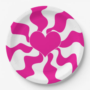 Assiettes En Carton Coeur d'amour en Magenta et Blanc