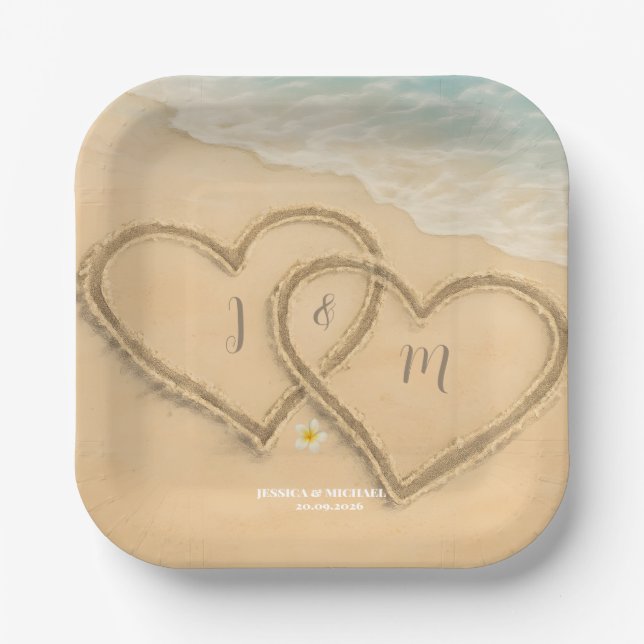 Assiettes En Carton Cœur de Plage Mariage sur Mesure Sable & Mer (Recto)