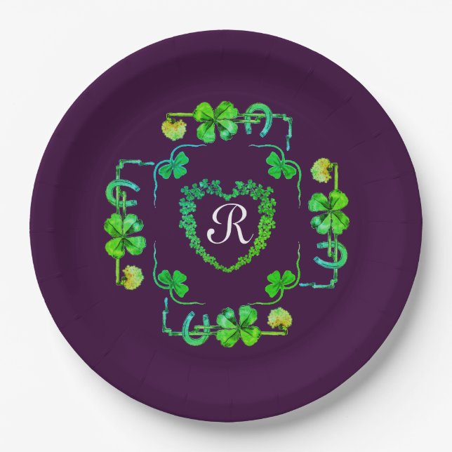 Assiettes En Carton CŒUR DE TRÈFLE, FLEUR, MONOGRAMME FLORAL VERT Viol (Devant)