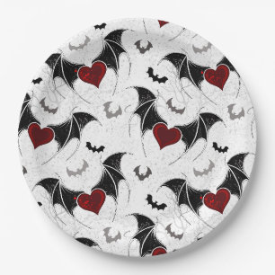Assiettes En Carton Coeur d'Halloween avec ailes de chauve-souris noir