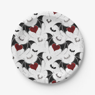 Assiettes En Carton Coeur d'Halloween avec ailes de chauve-souris noir