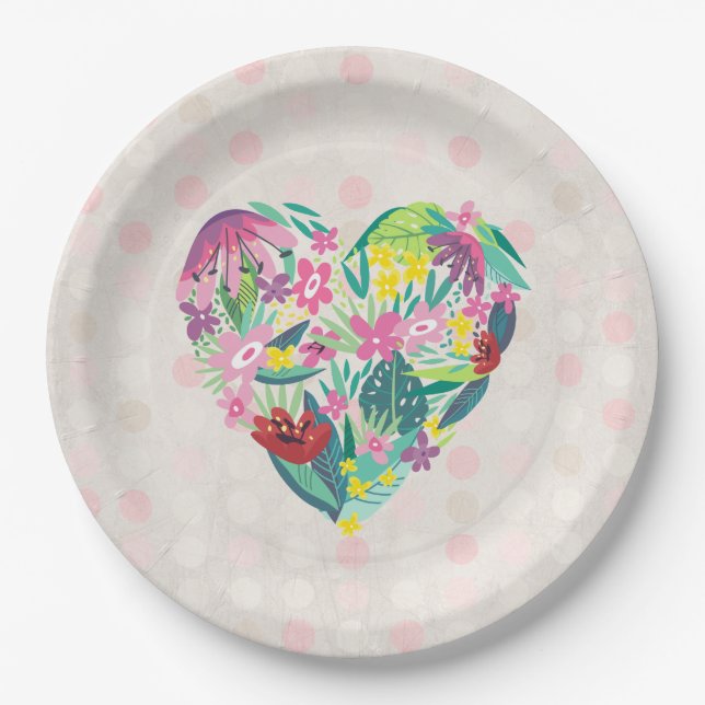 Assiettes En Carton Coeur floral mignon avec fleurs tropicales Anniver (Devant)