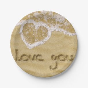 Assiettes En Carton Coeur "Love you" écrit dans Sable