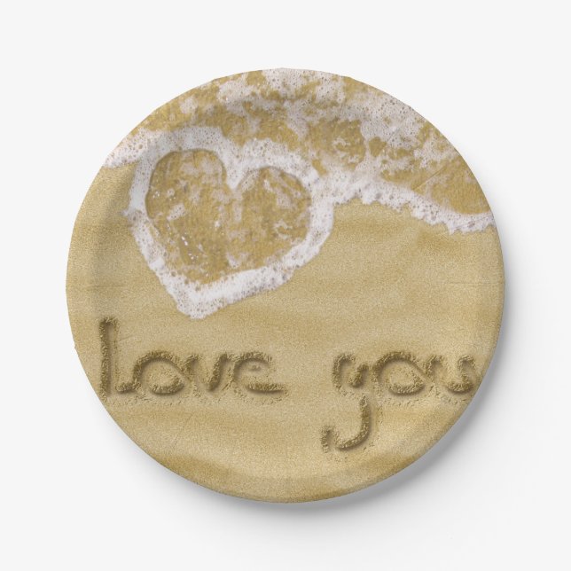 Assiettes En Carton Coeur "Love you" écrit dans Sable (Devant)