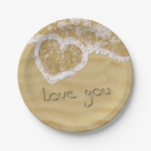 Assiettes En Carton Coeur "Love you" écrit dans Sable (Devant)