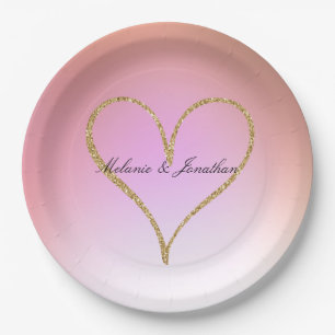 Assiettes En Carton Cœur Pailleté Or Dégradé Rose