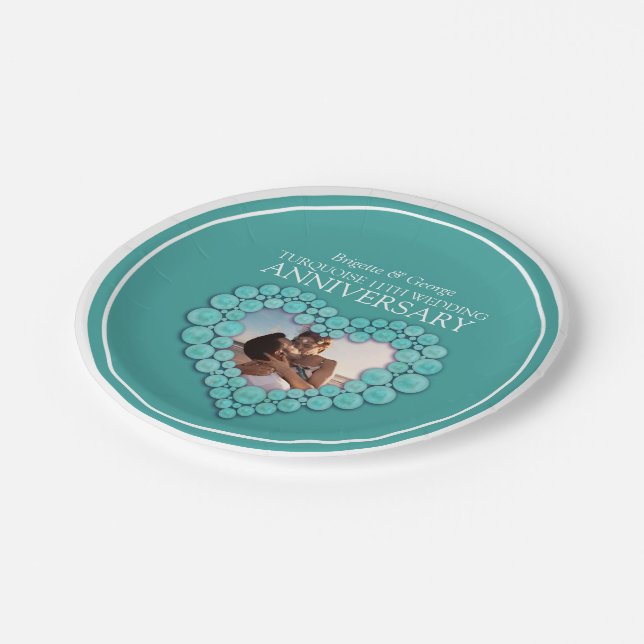 Assiettes En Carton Coeur photo Turquoise 11e anniversaire Mariage (Angle)
