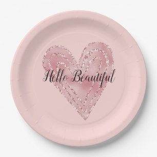 Assiettes En Carton Coeur rayonnant de la Parties scintillant rose rou