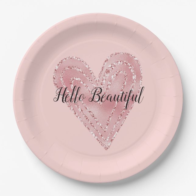 Assiettes En Carton Coeur rayonnant de la Parties scintillant rose rou (Devant)