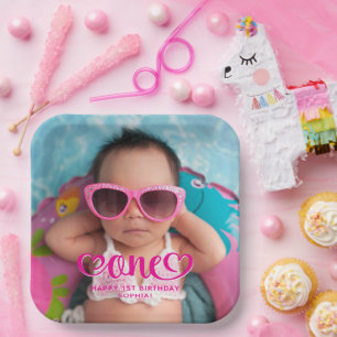 Assiettes En Carton Cœur Rose Chaud Une Photo 1er Anniversaire