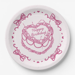 Assiettes En Carton Coeur rose rétro Coquette gâteau cerise Anniversai