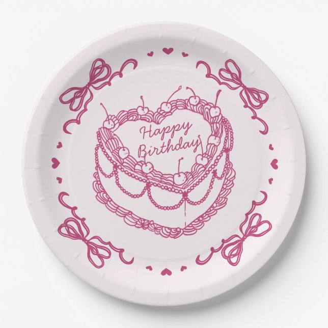 Assiettes En Carton Coeur rose rétro Coquette gâteau cerise Anniversai (Devant)