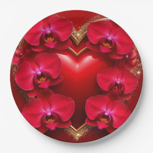 Assiettes En Carton Cœur rouge entouré d'orchidées élégantes