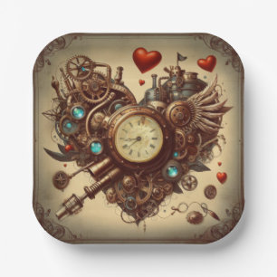 Assiettes En Carton Coeur Steampunk/Saint-Valentin