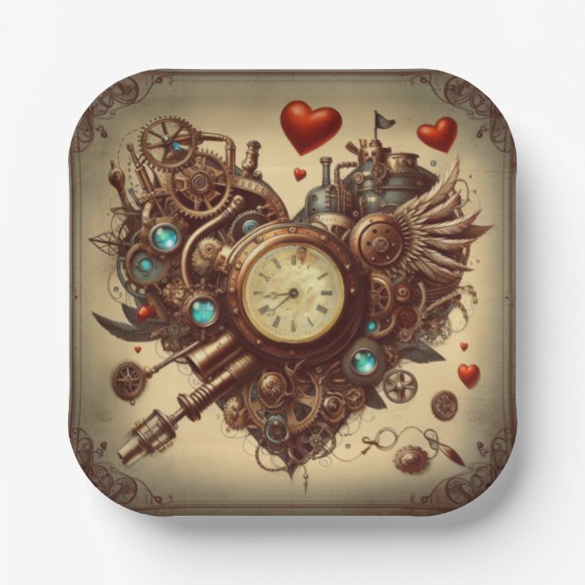 Assiettes En Carton Coeur Steampunk/Saint-Valentin (Recto)
