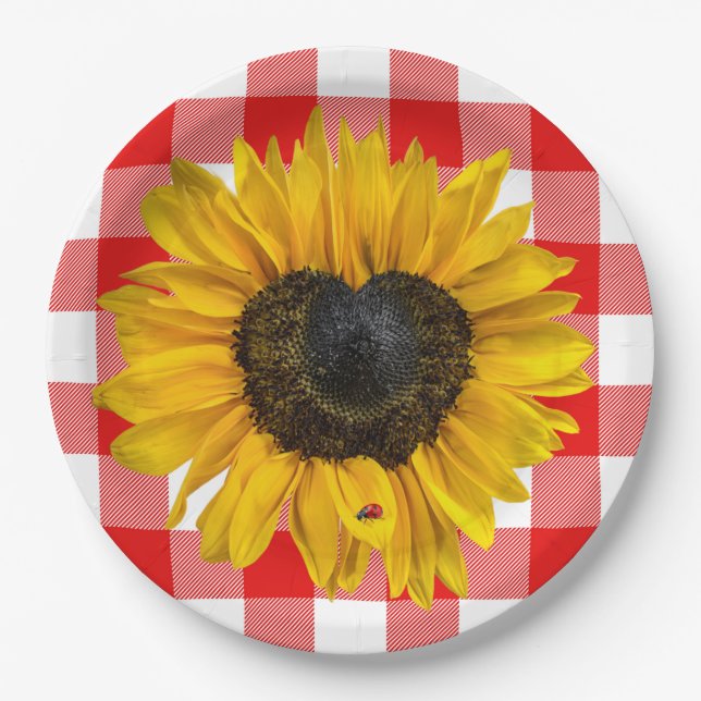 Assiettes En Carton Coeur Tournesol Ladybug sur Buffalo Plaid (Devant)