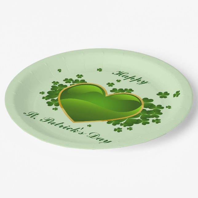 Assiettes En Carton Coeur vert doré avec Shamrock (Angle)