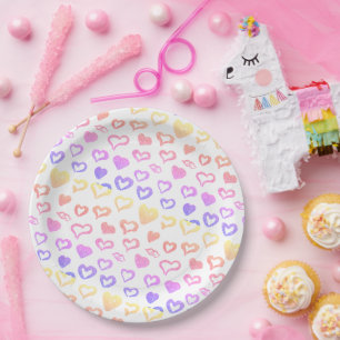 Assiettes En Carton Cœurs Arc-en-Ciel Pailletés Rose