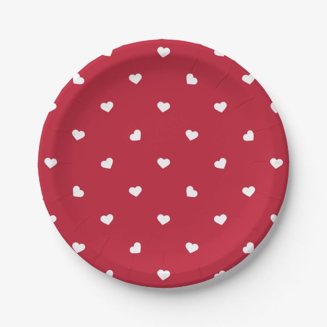 Assiettes En Carton Coeurs blancs sur rouge (Devant)