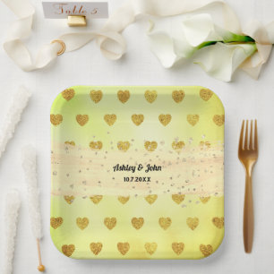 Assiettes En Carton Cœurs de paillettes jaunes Mariage Anniversaire