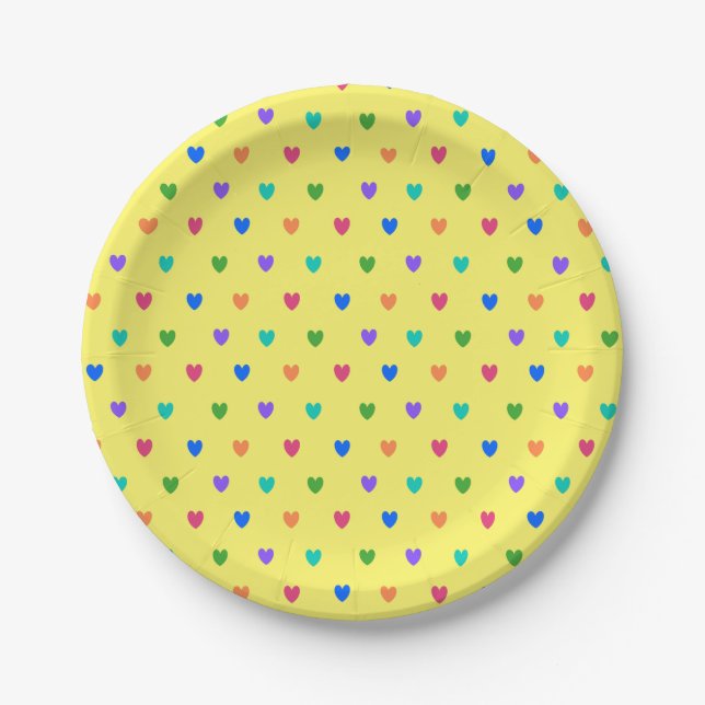 Assiettes En Carton Coeurs de polka arc-en-ciel sur jaune (Devant)