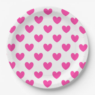 Assiettes En Carton Coeurs de polka rose Fuchsia sur blanc