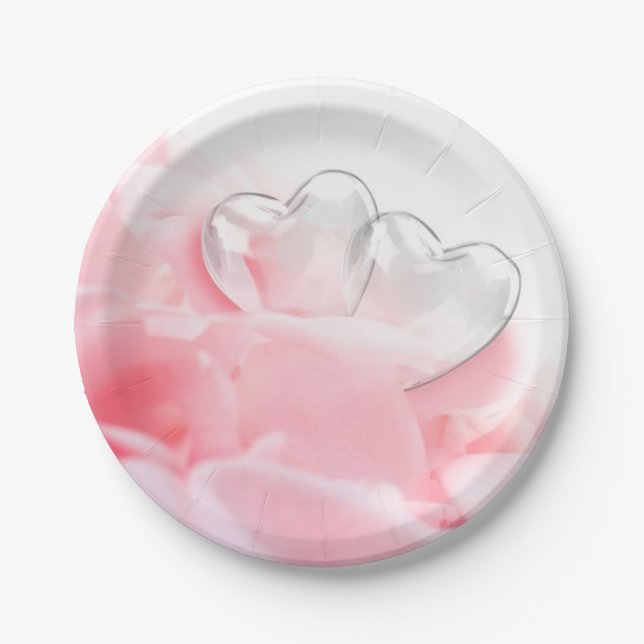 Assiettes En Carton Coeurs de verre romantique Pétales Roses (Devant)