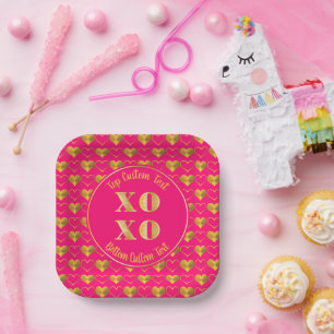 Assiettes En Carton Coeurs d'or   Heart Outlines XOXO on Hot Pink