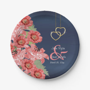 Assiettes En Carton Coeurs d'or sur Coral & Navy Satin