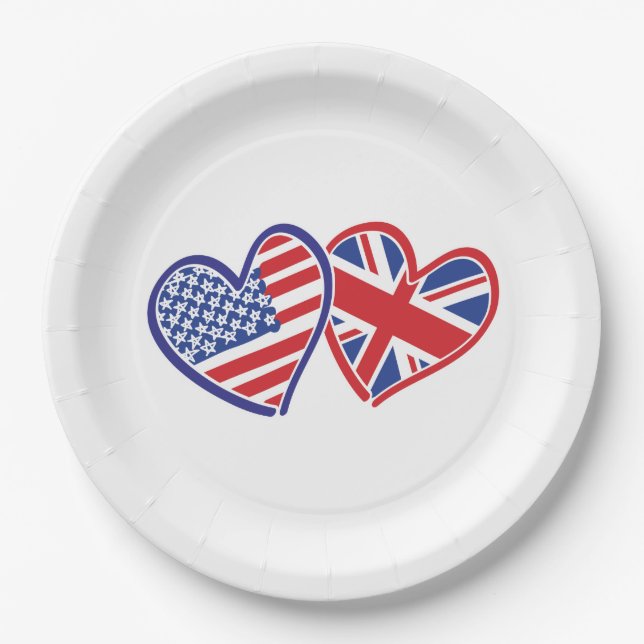 Assiettes En Carton Coeurs du drapeau américain et britannique (Devant)