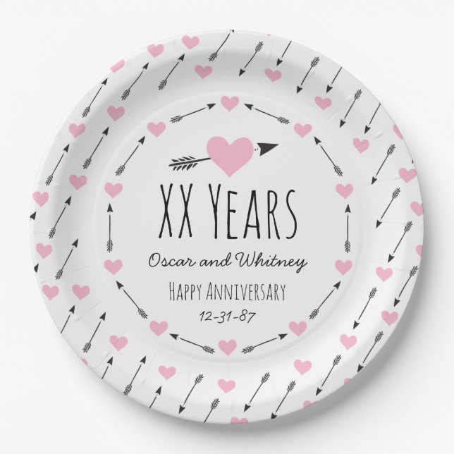 Assiettes En Carton Coeurs et flèches Anniversaire Mariage personnalis (Devant)